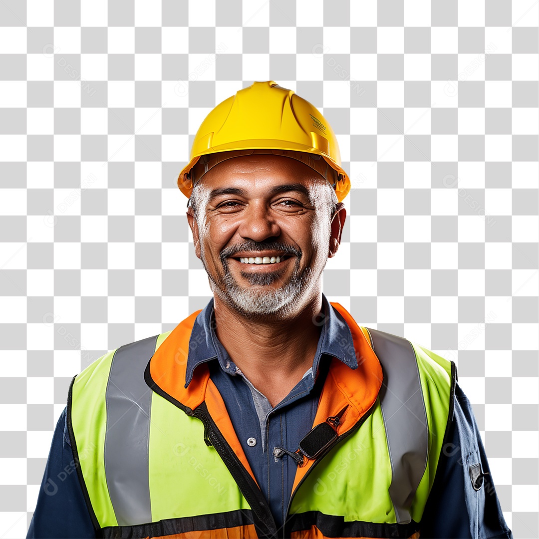 Homem Operário Sorrindo com Capacete e Colete Amarelo Fundo PNG Transparente