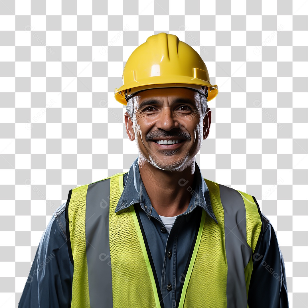 Homem Operário Sorrindo com Capacete e Colete Amarelo Fundo PNG Transparente