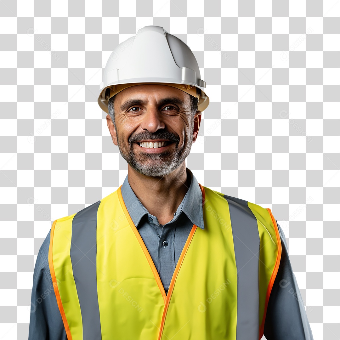 Homem Operário Sorrindo com Capacete Branco e Colete Amarelo Fundo PNG Transparente