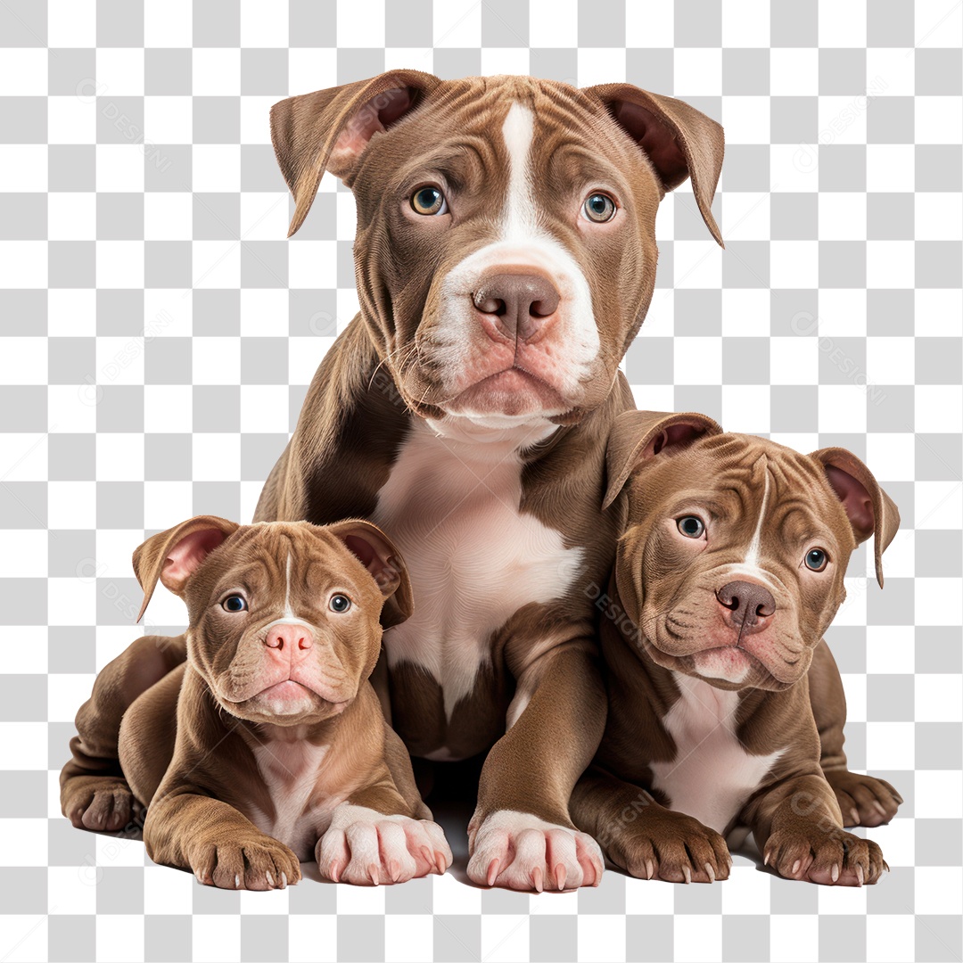Cachorro Pitbull e Filhotes Olhando para Câmera Fundo PNG Transparente