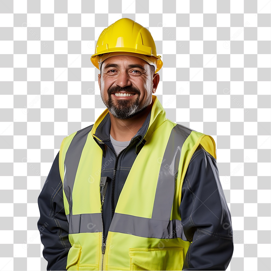 Homem Operário Sorrindo com Capacete e Colete Amarelo Fundo PNG Transparente