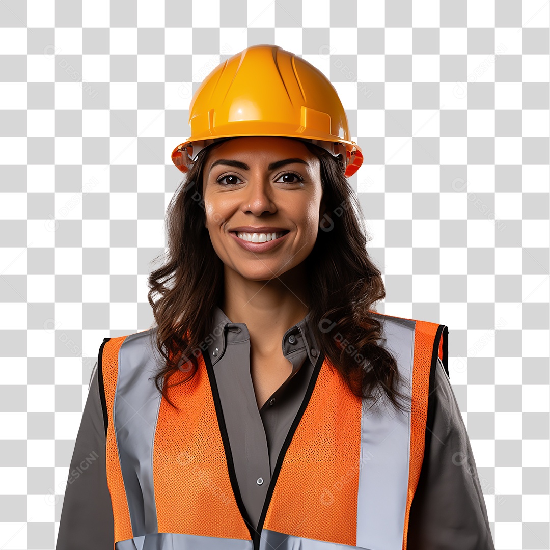 Mulher Operária Sorrindo com Capacete e Colete Laranjado Fundo PNG Transparente