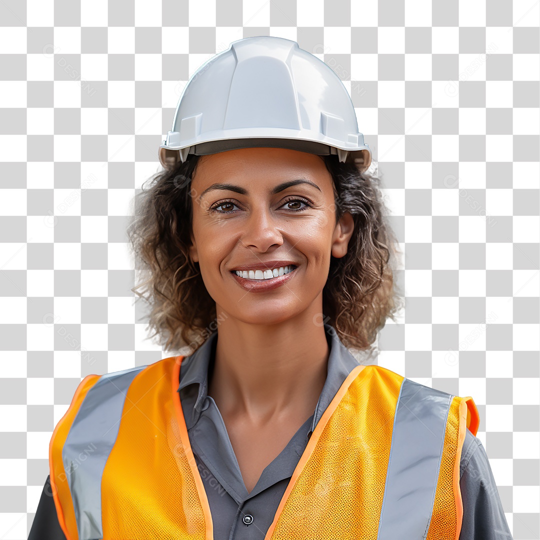 Mulher Operária Sorrindo com Capacete Branco e Colete Laranjado Fundo PNG Transparente