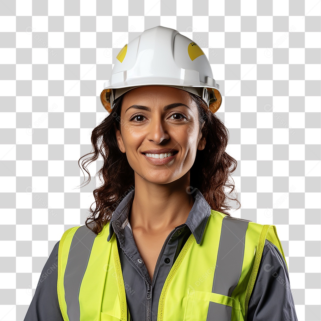 Mulher Operária Sorrindo com Capacete Branco e Colete Amarelo Fundo PNG Transparente