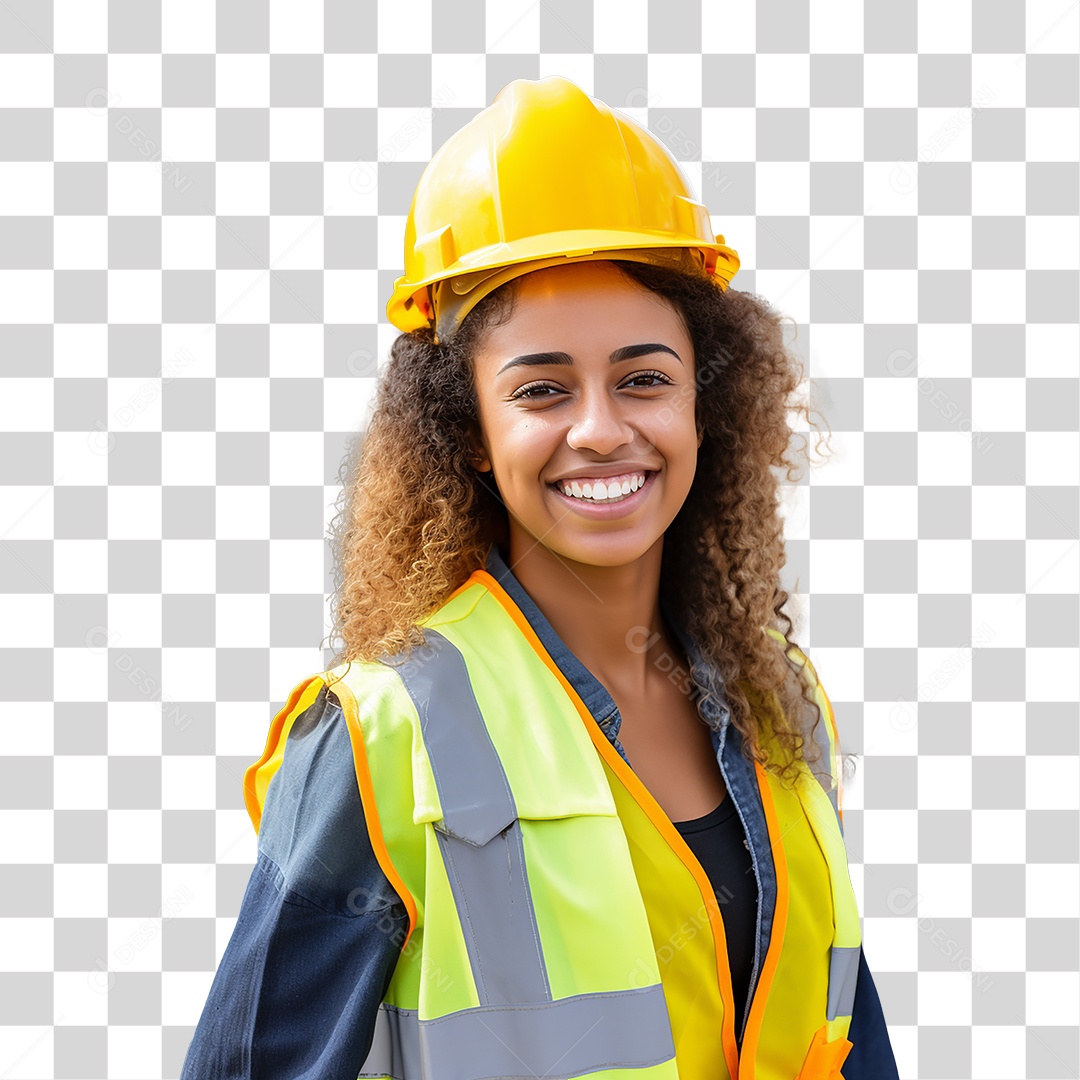 Mulher Operária Sorrindo com Capacete e Colete Amarelo Fundo PNG Transparente