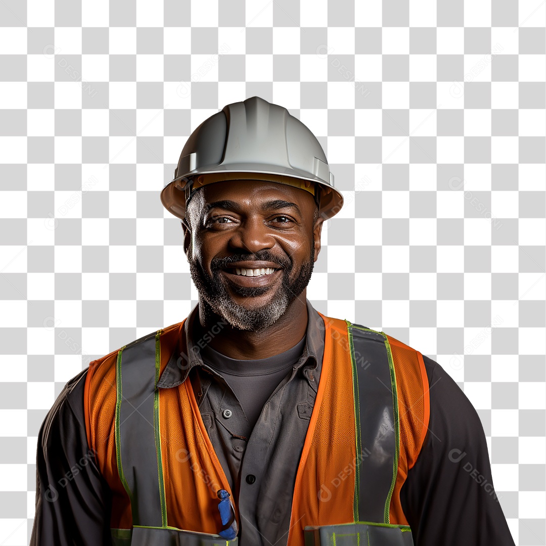Homem Operário Sorrindo com Capacete Branco e Colete Laranjado Fundo PNG Transparente