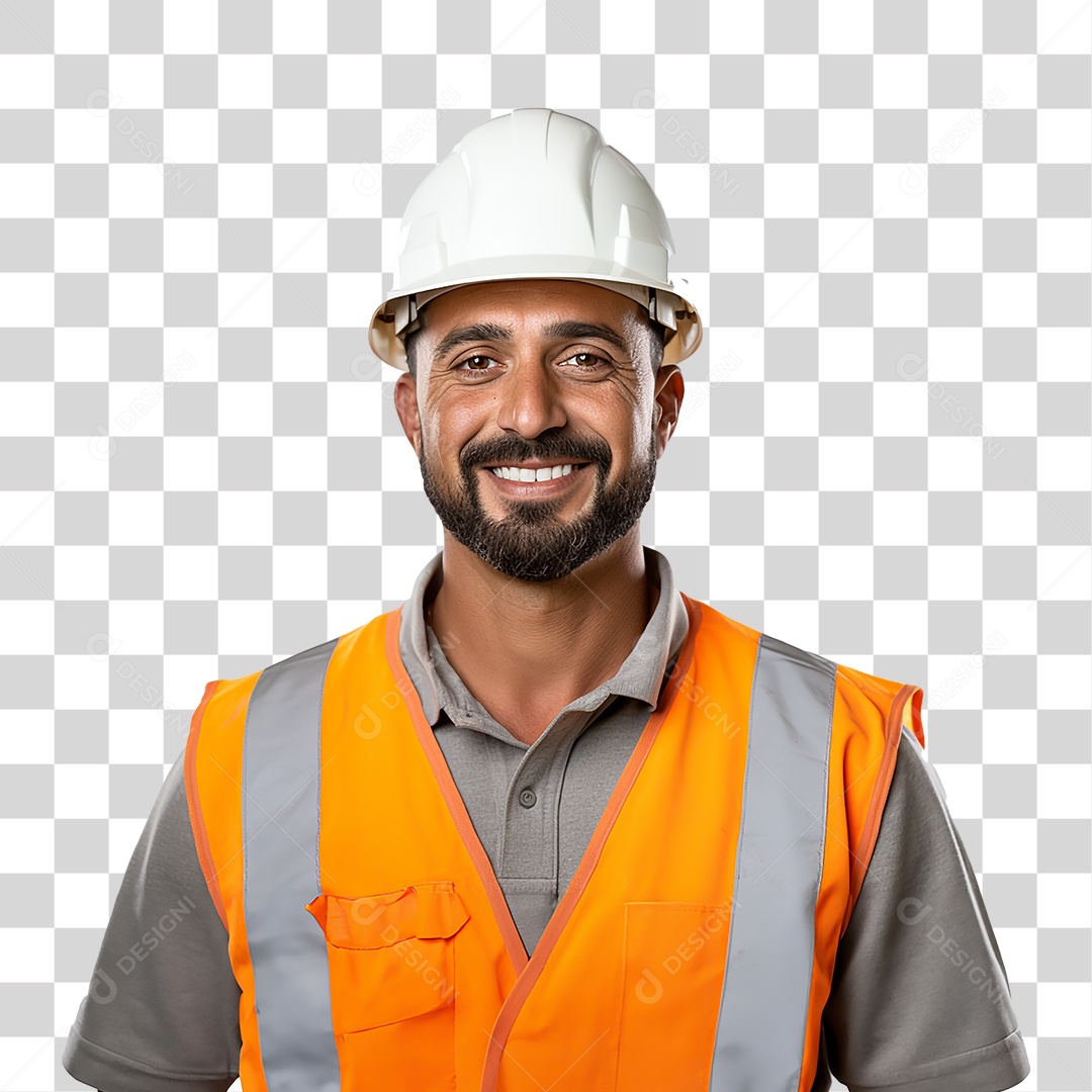 Homem Operário Sorrindo com Capacete Branco e Colete Laranjado Fundo PNG Transparente