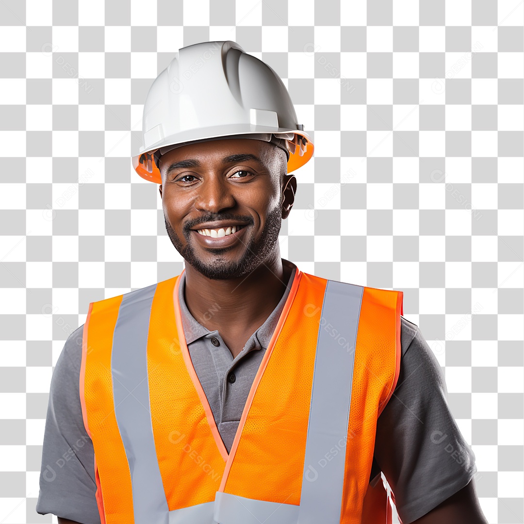 Homem Moreno Operário Sorrindo com Capacete Branco e Colete Laranjado Fundo PNG Transparente