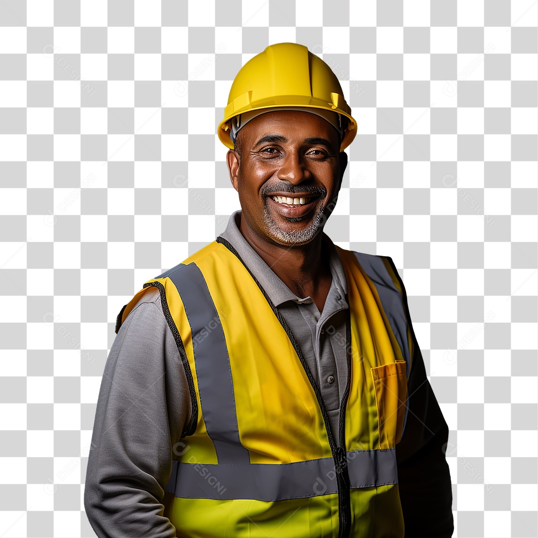 Homem Moreno Operário Sorrindo com Capacete e Colete Amarelo Fundo PNG Transparente