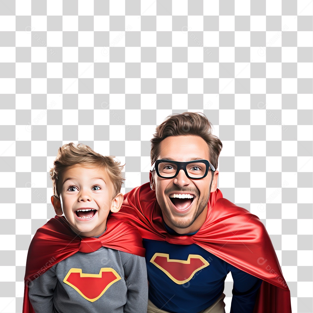 Pai e Filho com Roupas de Super Herói Sorrindo Fundo PNG Transparente