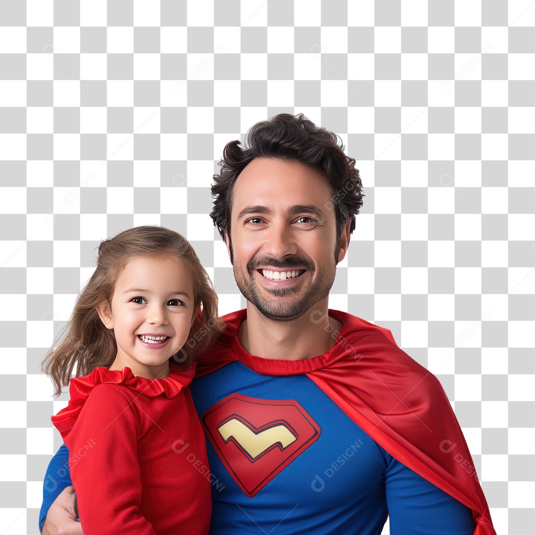Pai Usando Roupa de Super Herói e Filha Sorrindo Fundo PNG Transparente