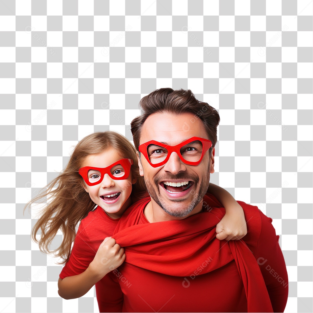 Pai e Filha Usando Óculos de Super Herói Sorrindo Fundo PNG Transparente