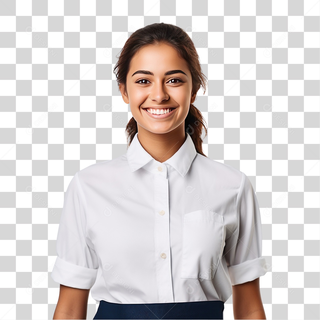 Mulher Garçonete com Uniforme Branco Sorrindo Fundo PNG Transparente