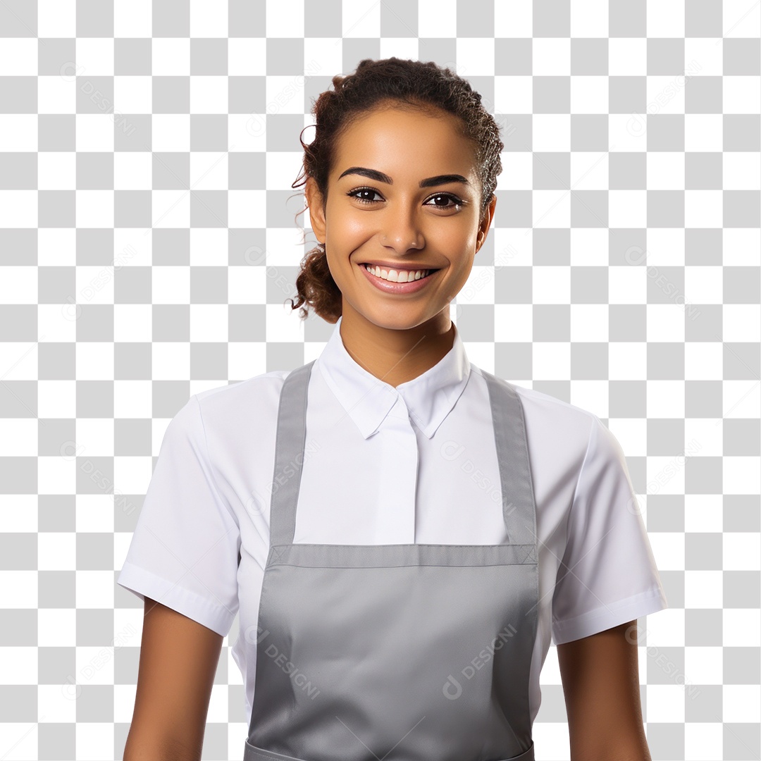 Mulher Morena Garçonete com Uniforme Branco e Cinza Sorrindo Fundo PNG Transparente