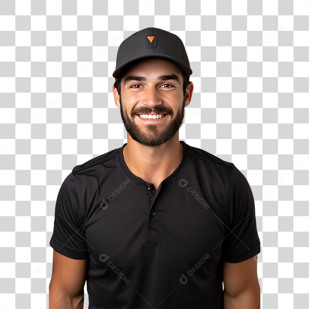 Homem Entregador de Boné Preto e Camisa Preta Sorrindo Fundo PNG Transparente