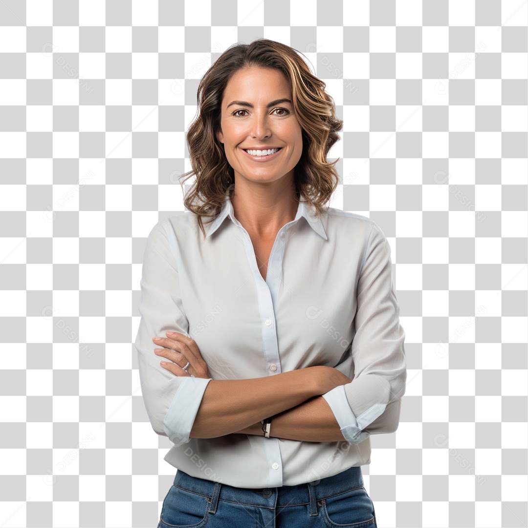 Mulher Empresária com Braços Cruzados Sorrindo Fundo PNG Transparente