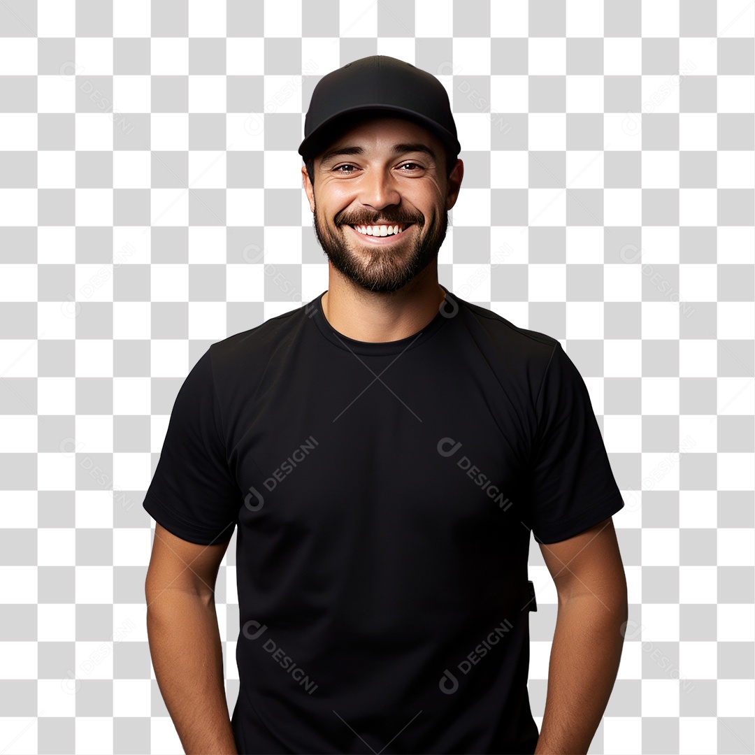 Homem Entregador de Boné Preto e Camisa Preta Sorrindo Fundo PNG Transparente