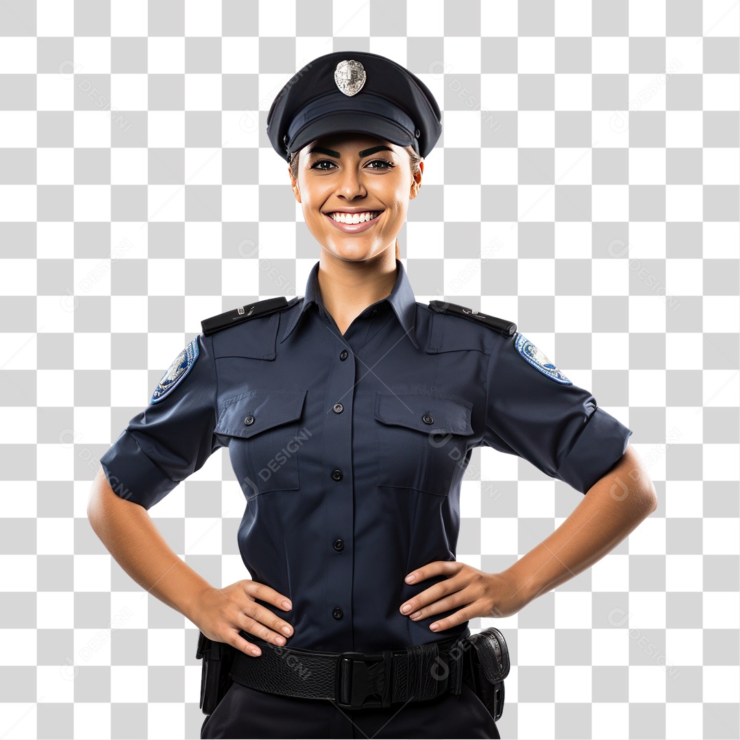 Mulher Policial de Uniforme com Mãos na Cintura Sorrindo Fundo PNG Transparente