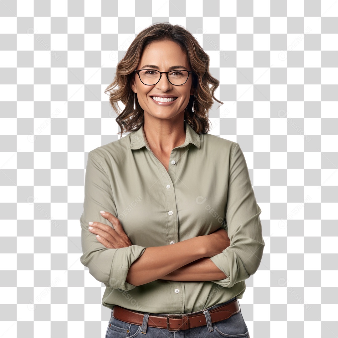 Mulher Empresária de Óculos com Braços Cruzados Sorrindo Fundo PNG Transparente