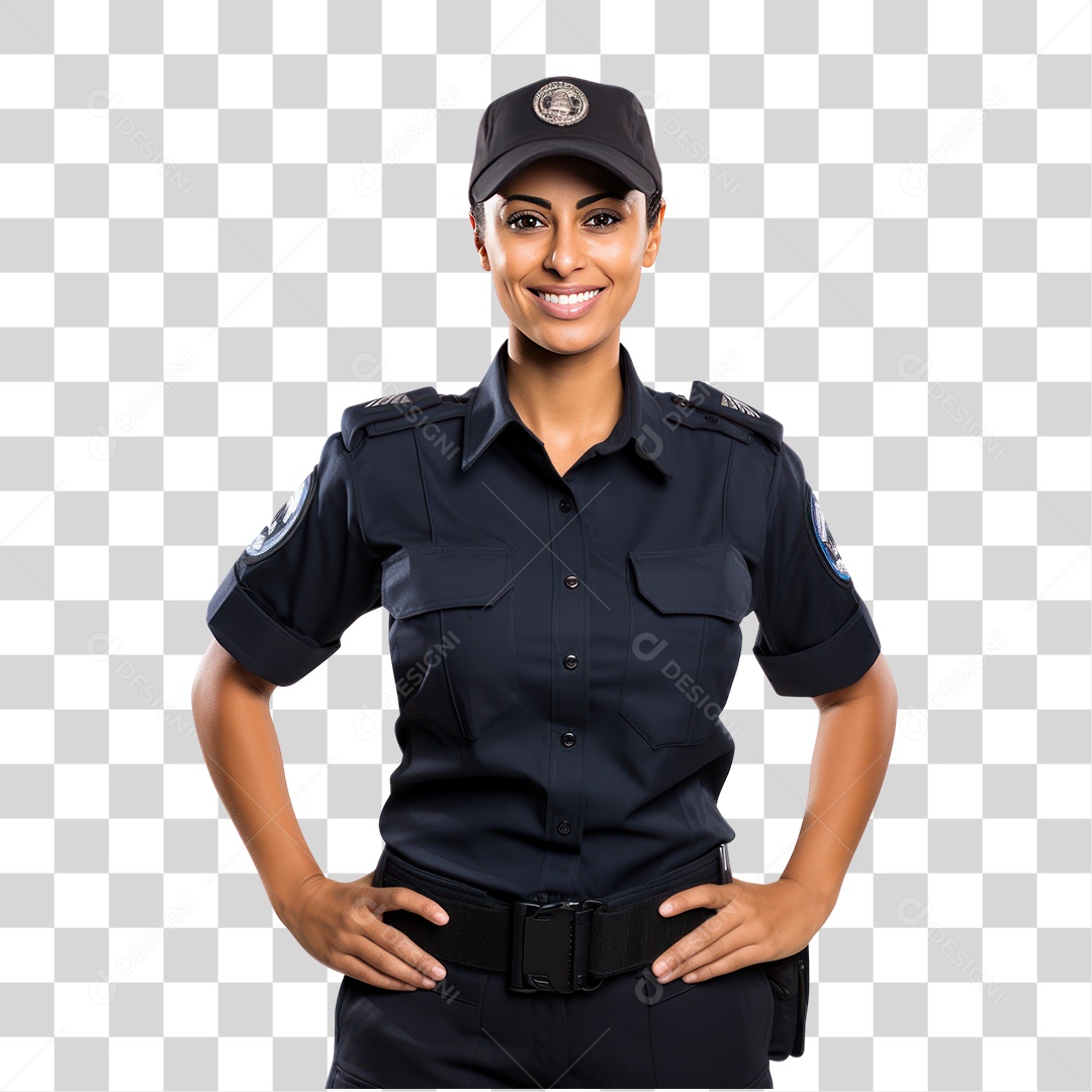 Mulher Morena Policial de Uniforme com Mãos na Cintura Sorrindo Fundo PNG Transparente