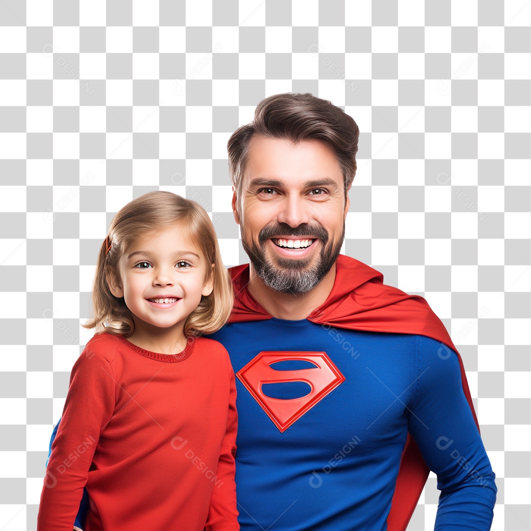 Pai Com Roupa de Super Herói e Filha Sorrindo Fundo PNG Transparente