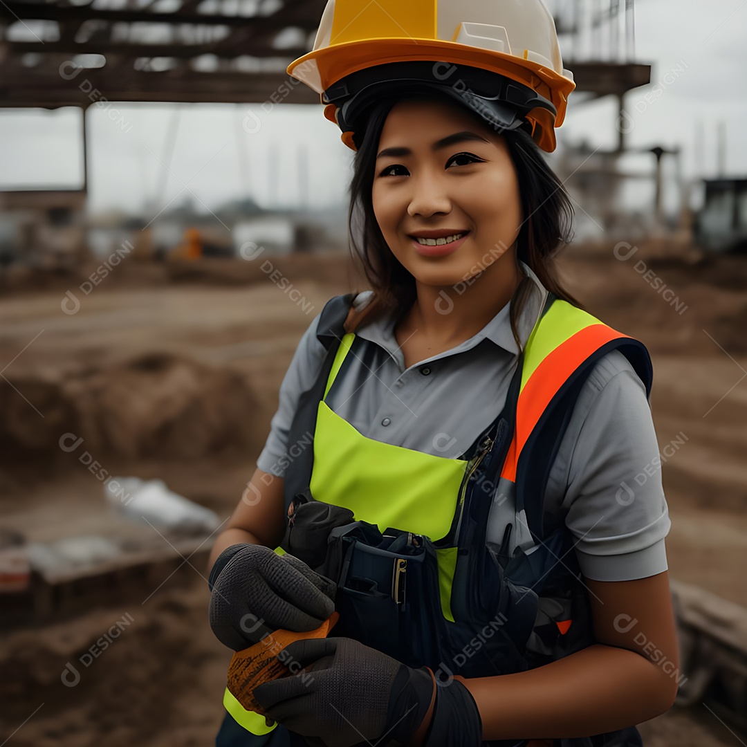 Engenheira trabalhando em um canteiro de obras, capacete de construção e colete de trabalho.