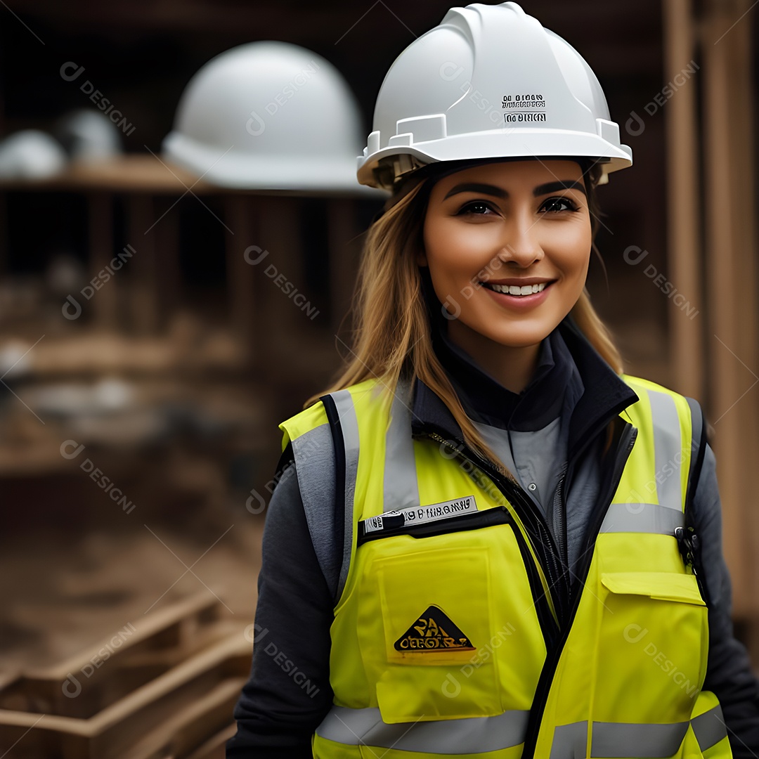 Engenheira trabalhando em um canteiro de obras, capacete de construção e colete de trabalho.