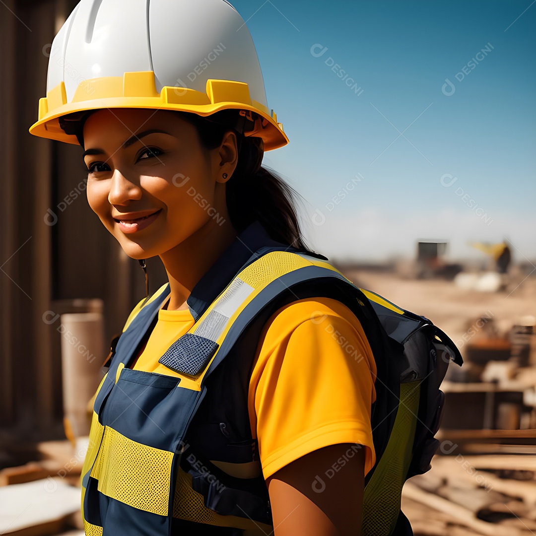 Engenheira trabalhando em um canteiro de obras, capacete de construção e colete de trabalho.