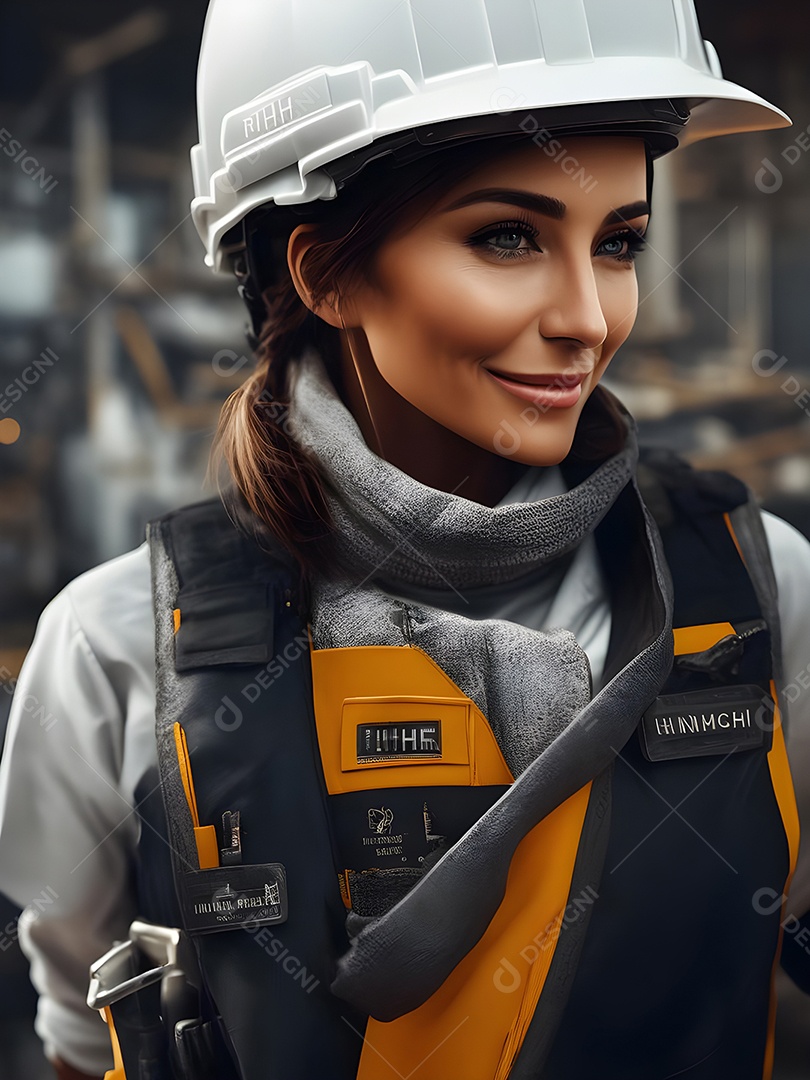 Engenheira trabalhando em um canteiro de obras, capacete de construção e colete de trabalho.