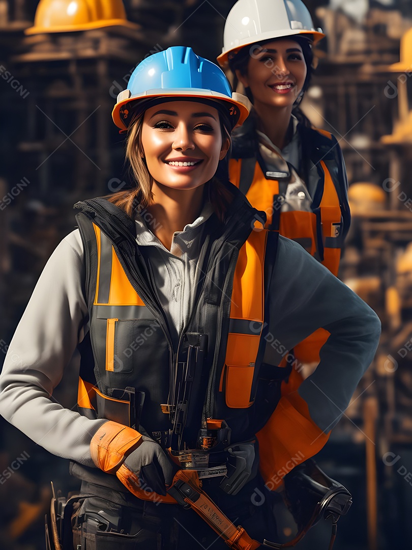 Engenheira trabalhando em um canteiro de obras, capacete de construção e colete de trabalho.