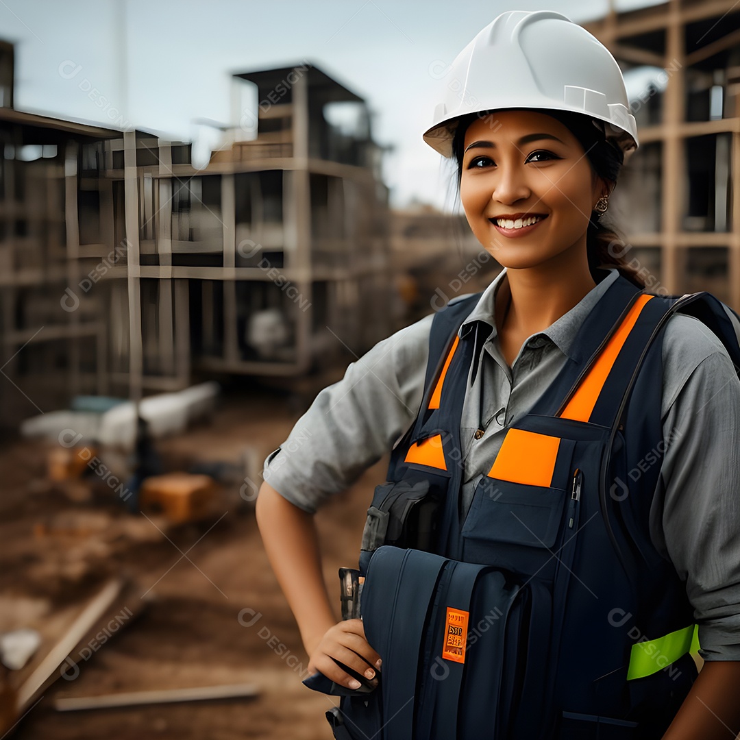Engenheira trabalhando em um canteiro de obras, capacete de construção e colete de trabalho.