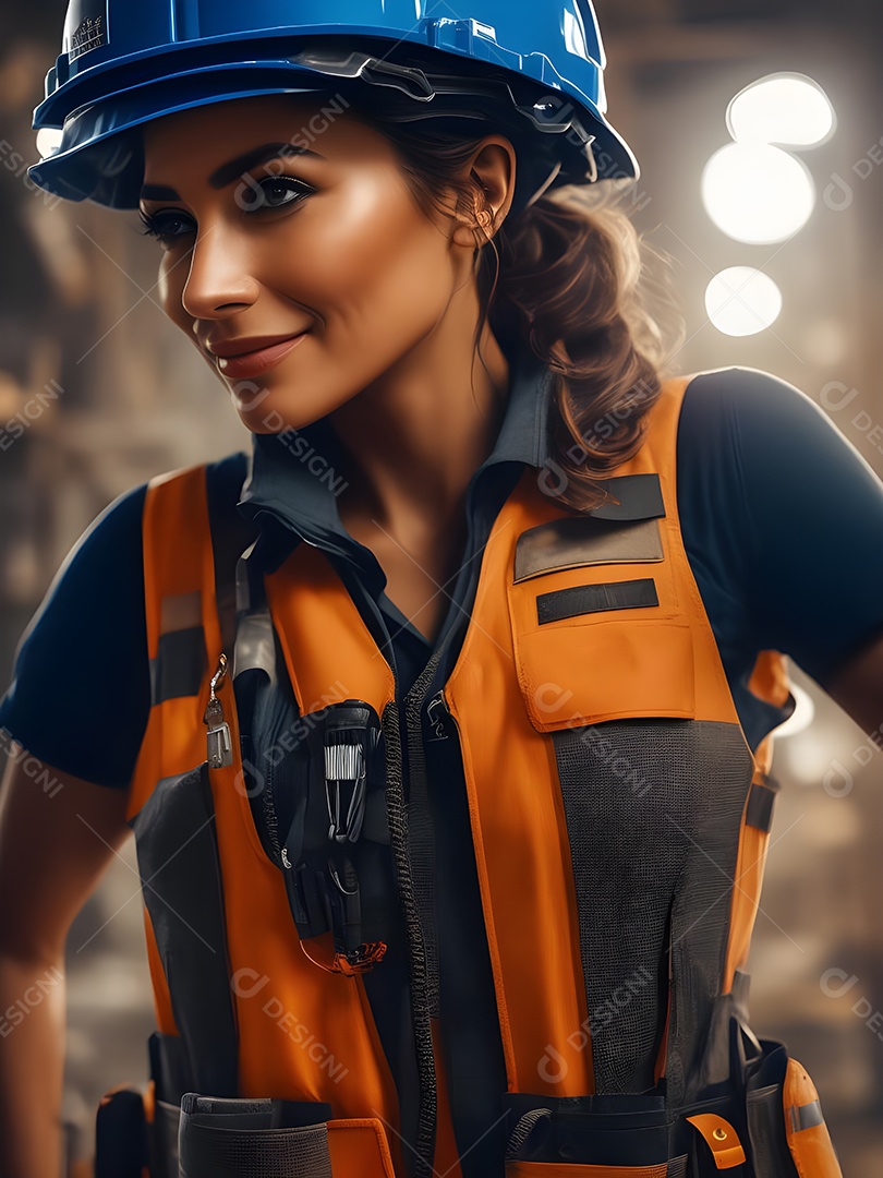 Engenheira trabalhando em um canteiro de obras, capacete de construção e colete de trabalho.