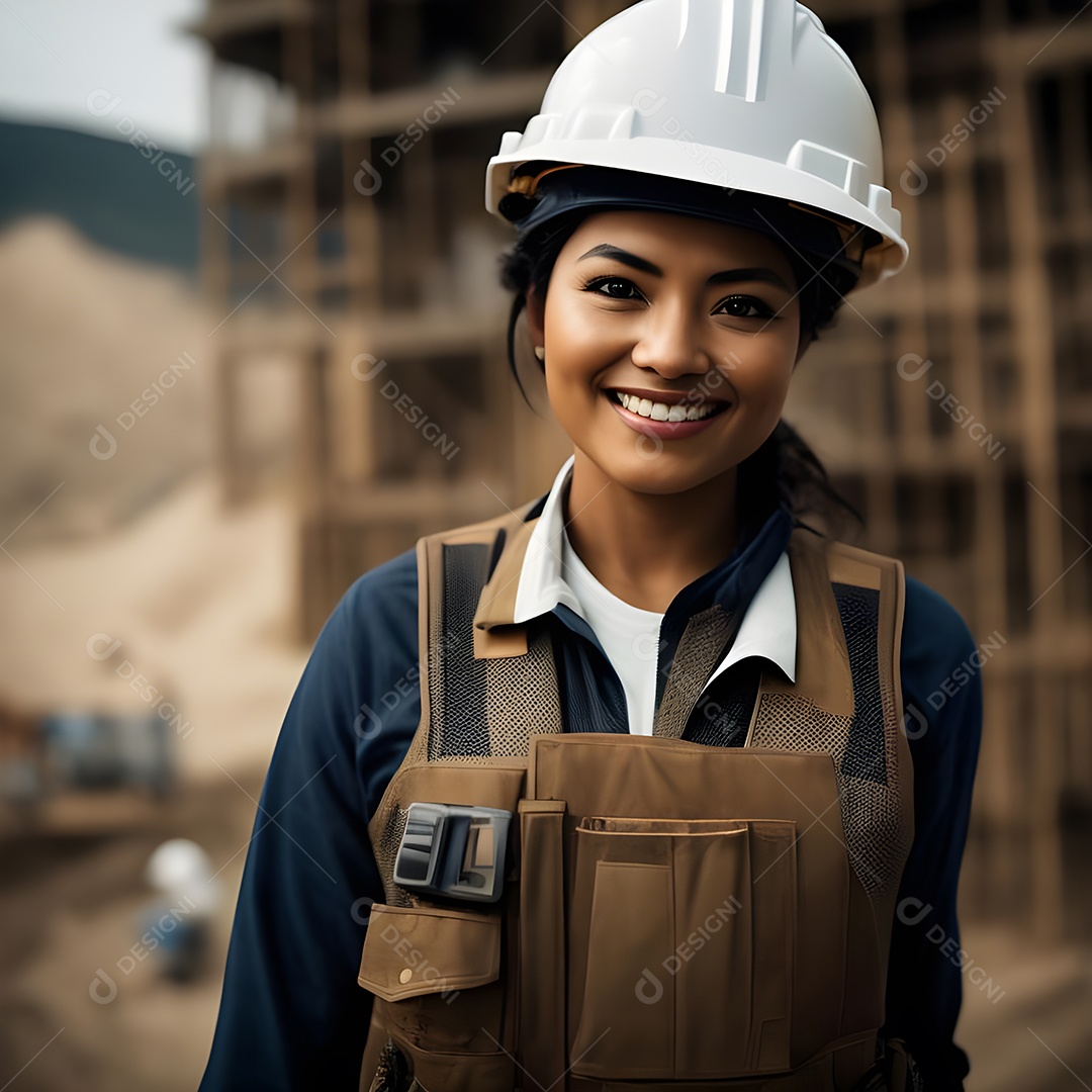 Engenheira trabalhando em um canteiro de obras, capacete de construção e colete de trabalho.