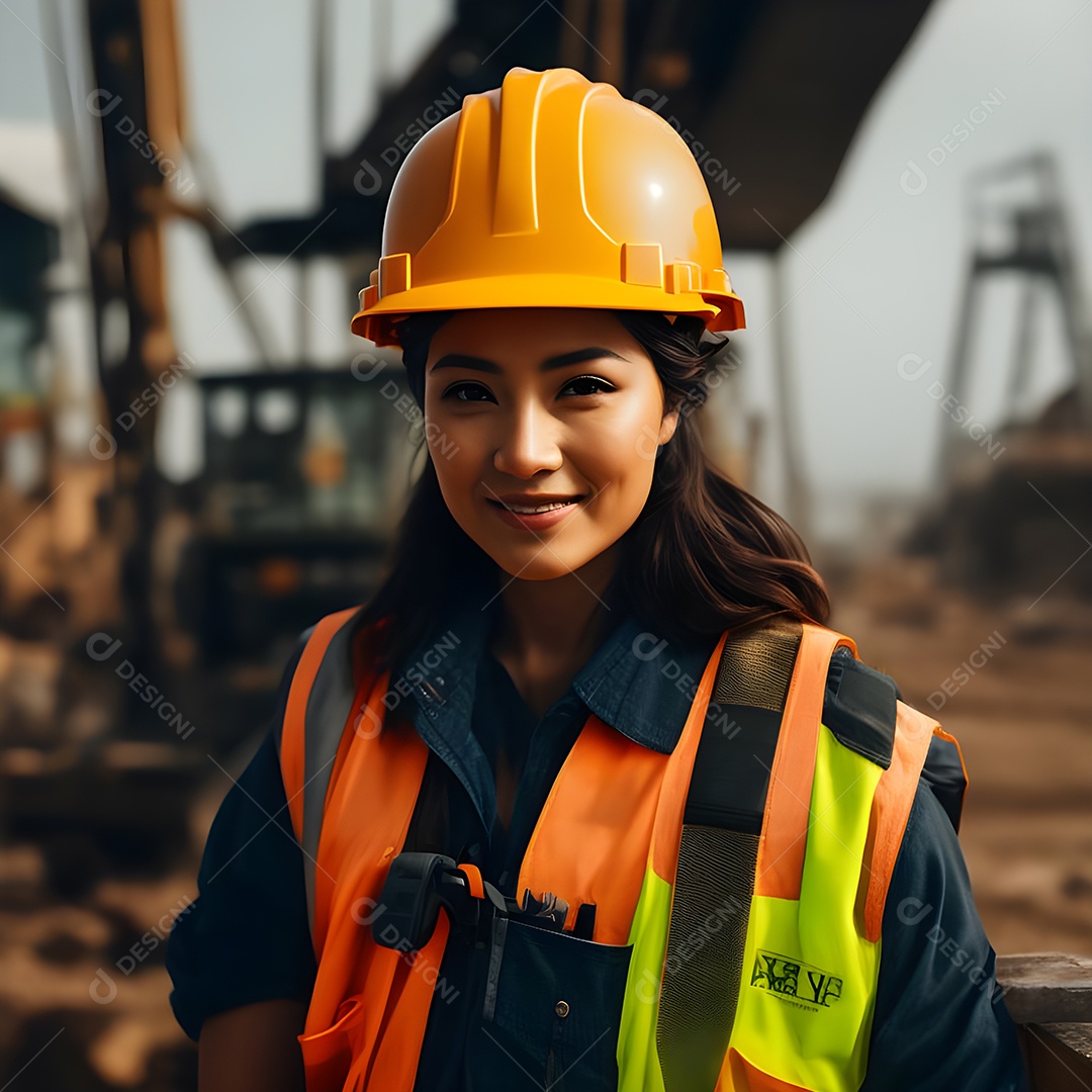 Engenheira trabalhando em um canteiro de obras, capacete de construção e colete de trabalho.