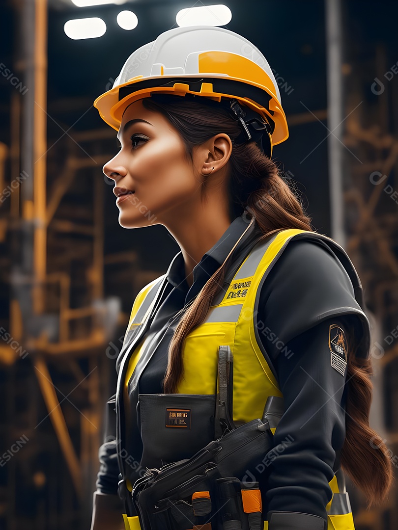 Engenheira trabalhando em um canteiro de obras, capacete de construção e colete de trabalho.