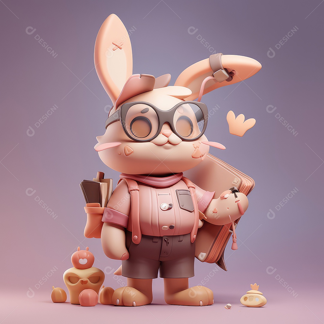 Personagem 3D Coelho como uma expressão sorridente do conceito de volta às aulas. 3d fofo em fundo mínimo.