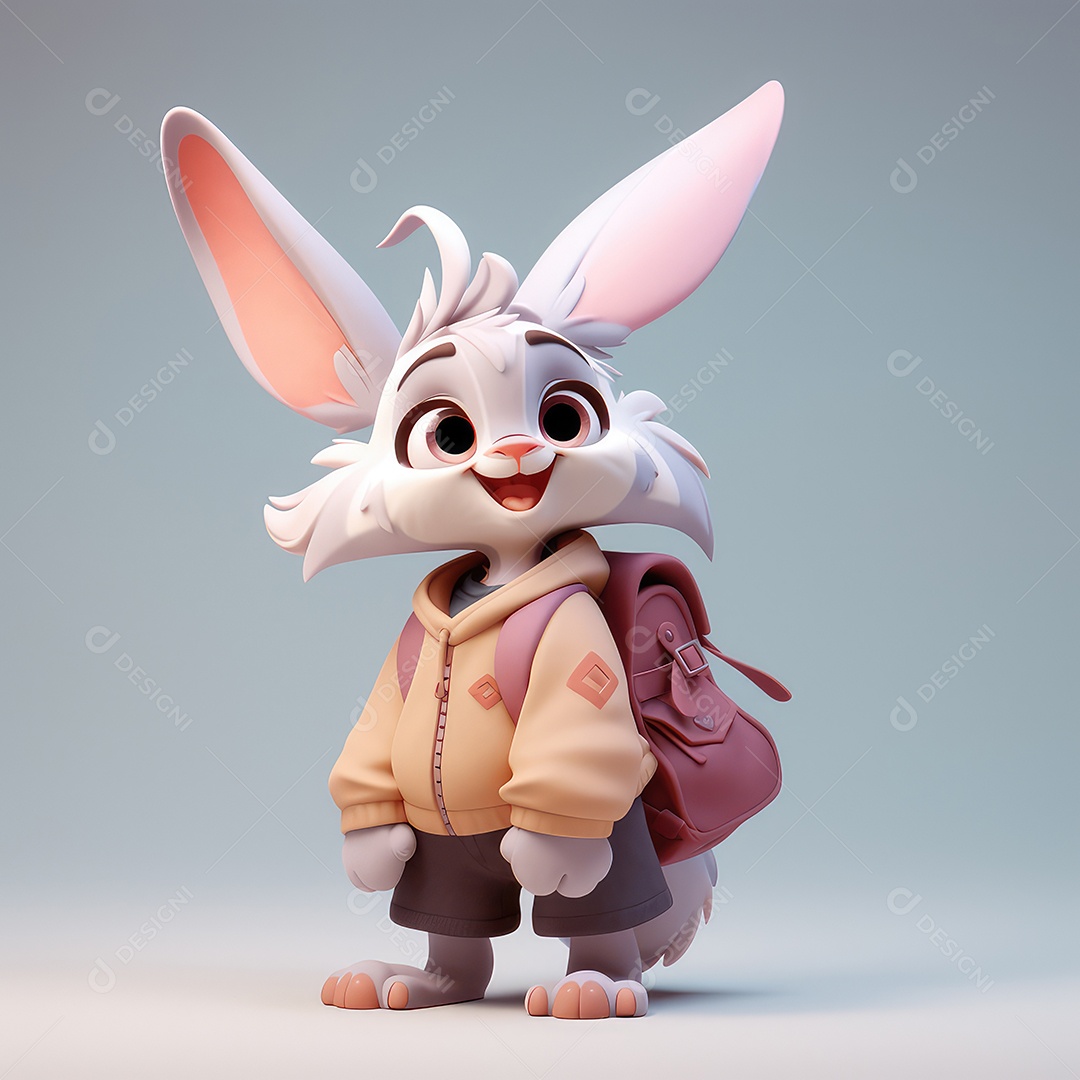 Personagem 3D Coelho como uma expressão sorridente do conceito de volta às aulas. 3d fofo em fundo mínimo.