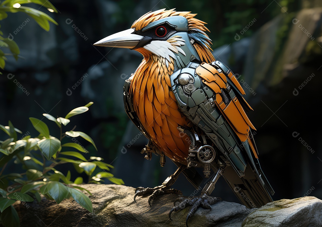 Ai pássaro Cyborg no estilo da ficção científica barroca. Robô animal com pata mecânica e corpo de metal ciborgue da força especial do exército