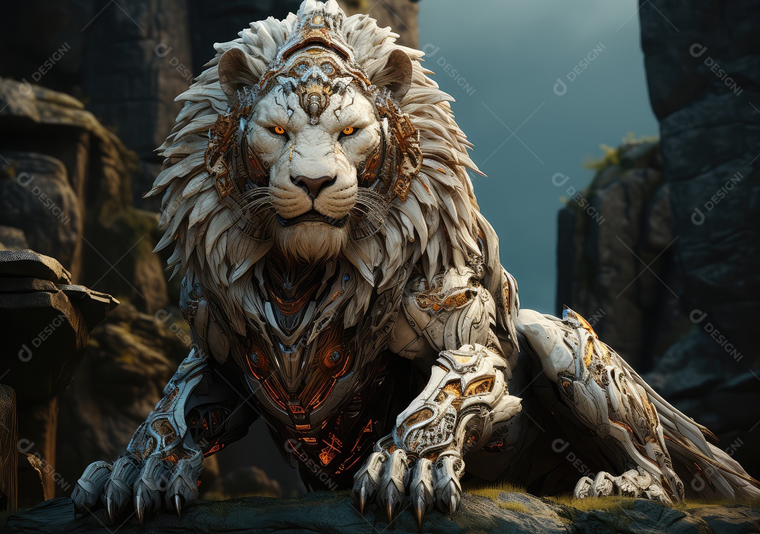 Ai Wolf Cyborg no estilo da ficção científica barroca. Robô animal com pata mecânica e corpo de metal ciborgue da força especial do exército