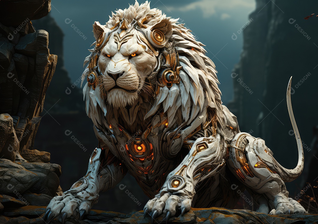 Ai Wolf Cyborg no estilo da ficção científica barroca. Robô animal com pata mecânica e corpo de metal ciborgue da força especial do exército