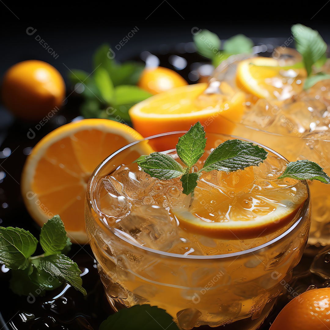 Suco de laranja fresco no copo em fundo escuro.