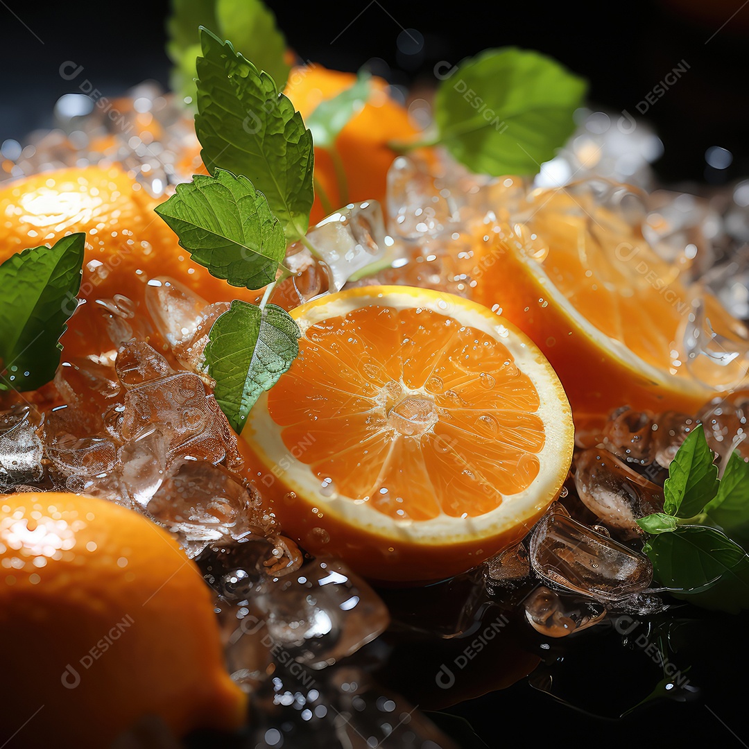 Suco de laranja fresco no copo em fundo escuro.