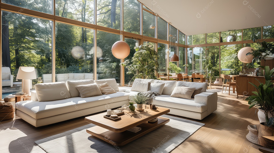 Casa aconchegante com plantas interior de uma casa de campo chique com plano aberto, acabamentos em madeira