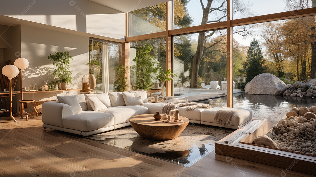 Casa aconchegante com plantas interior de uma casa de campo chique com plano aberto, acabamentos em madeira