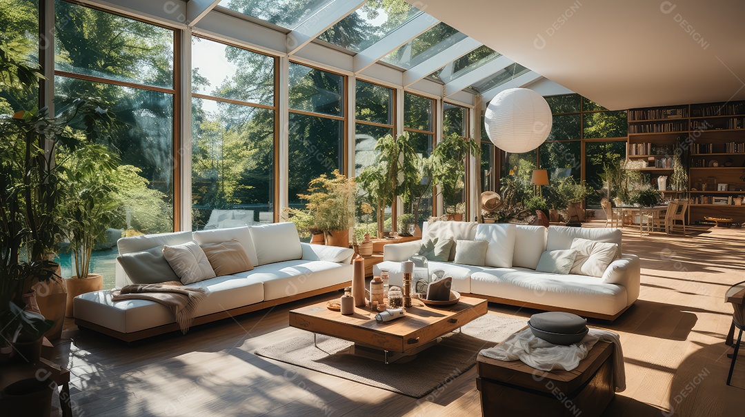 Casa aconchegante com plantas interior de uma casa de campo chique com plano aberto, acabamentos em madeira