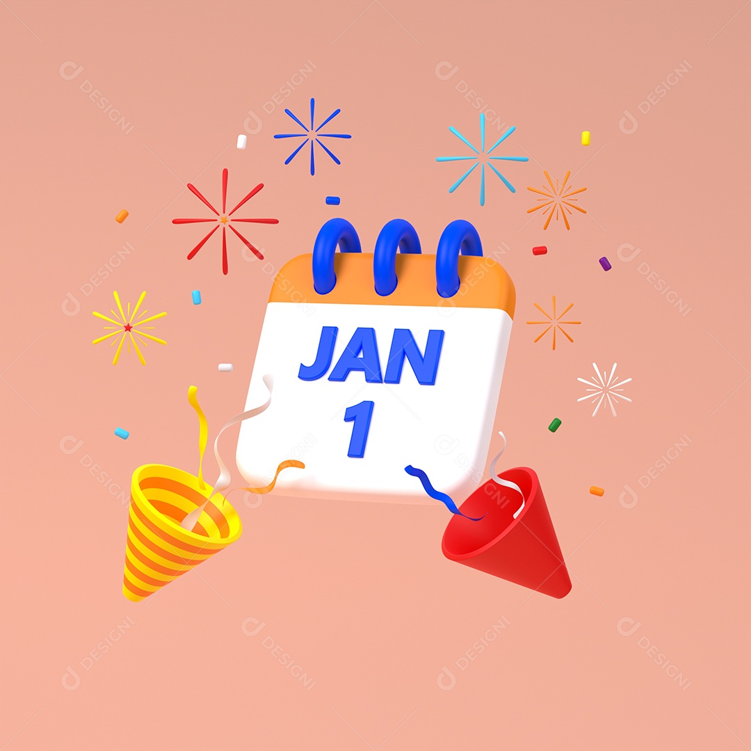 Renderização 3D do calendário com texto de data de 1º de janeiro, fogo de artifício e confete.