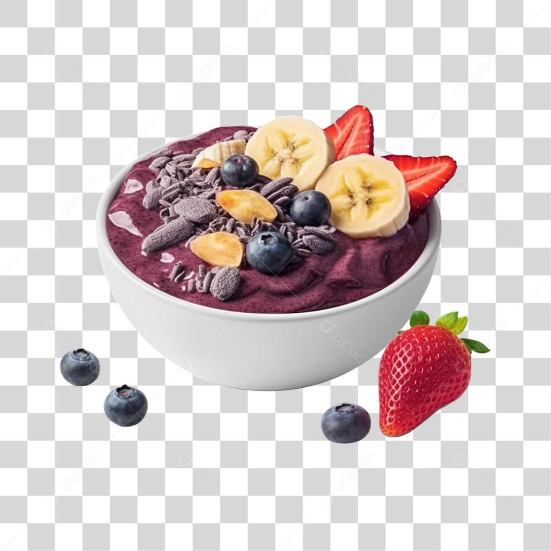 Açaí na Tigela com Mirtilo e Morango Banana Fundo PNG Transparente