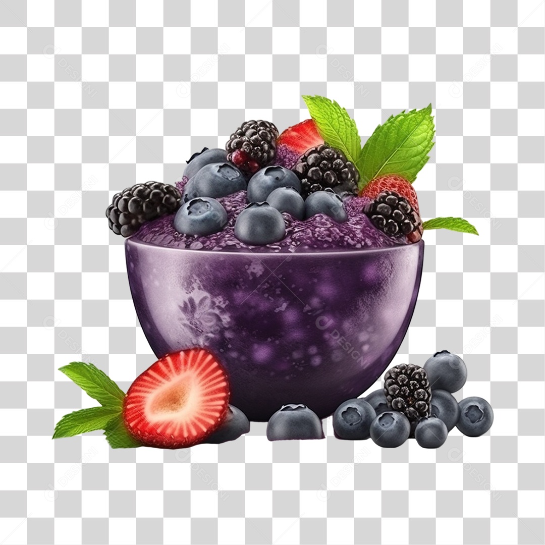 Açaí na Tigela com Mirtilo e Morango Amora Fundo PNG Transparente
