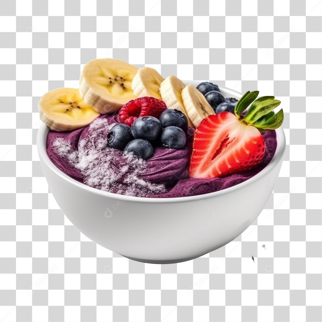 Açaí na Tigela com Mirtilo e Morango Banana Fundo PNG Transparente