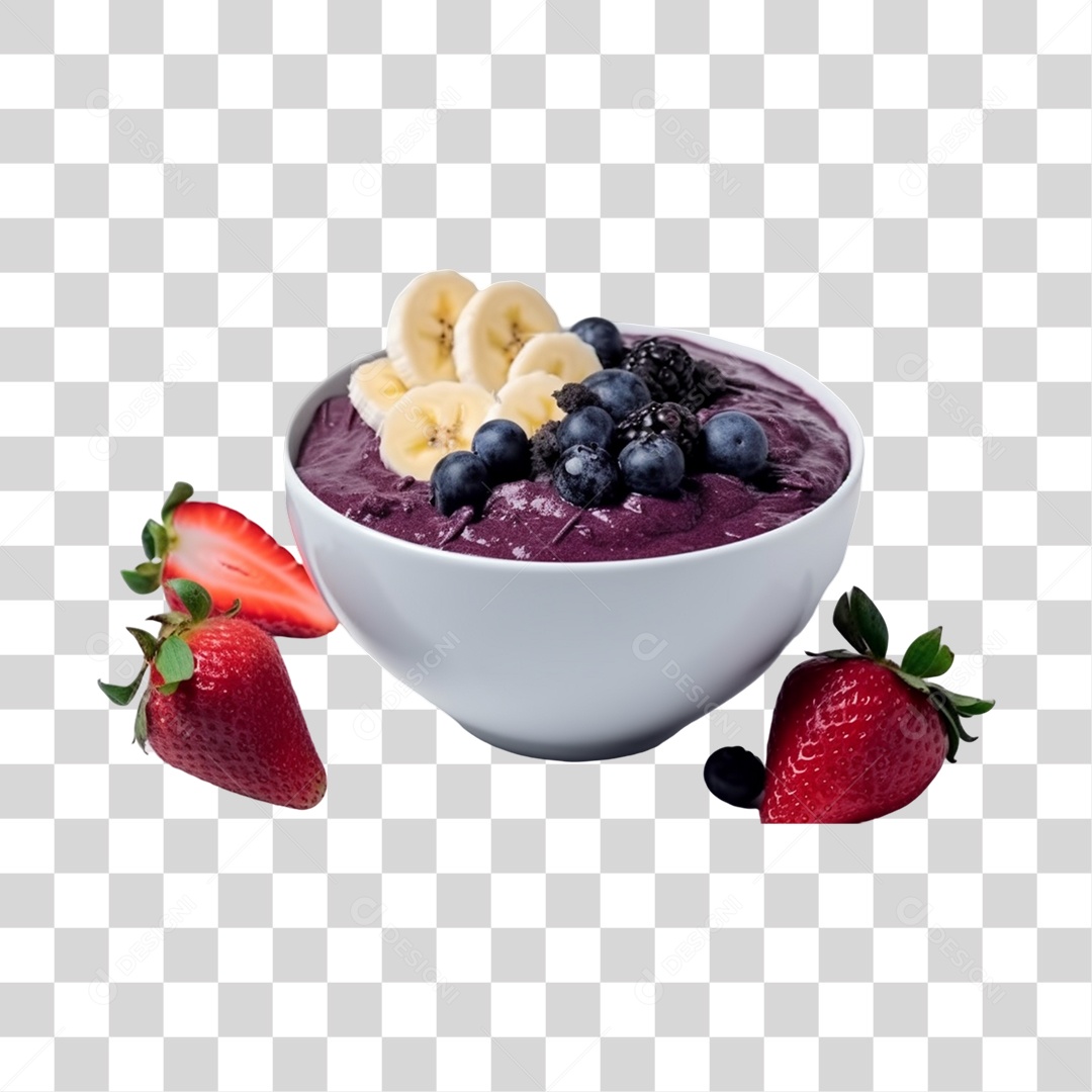 Açaí na Tigela com Mirtilo e Morango Banana Fundo PNG Transparente